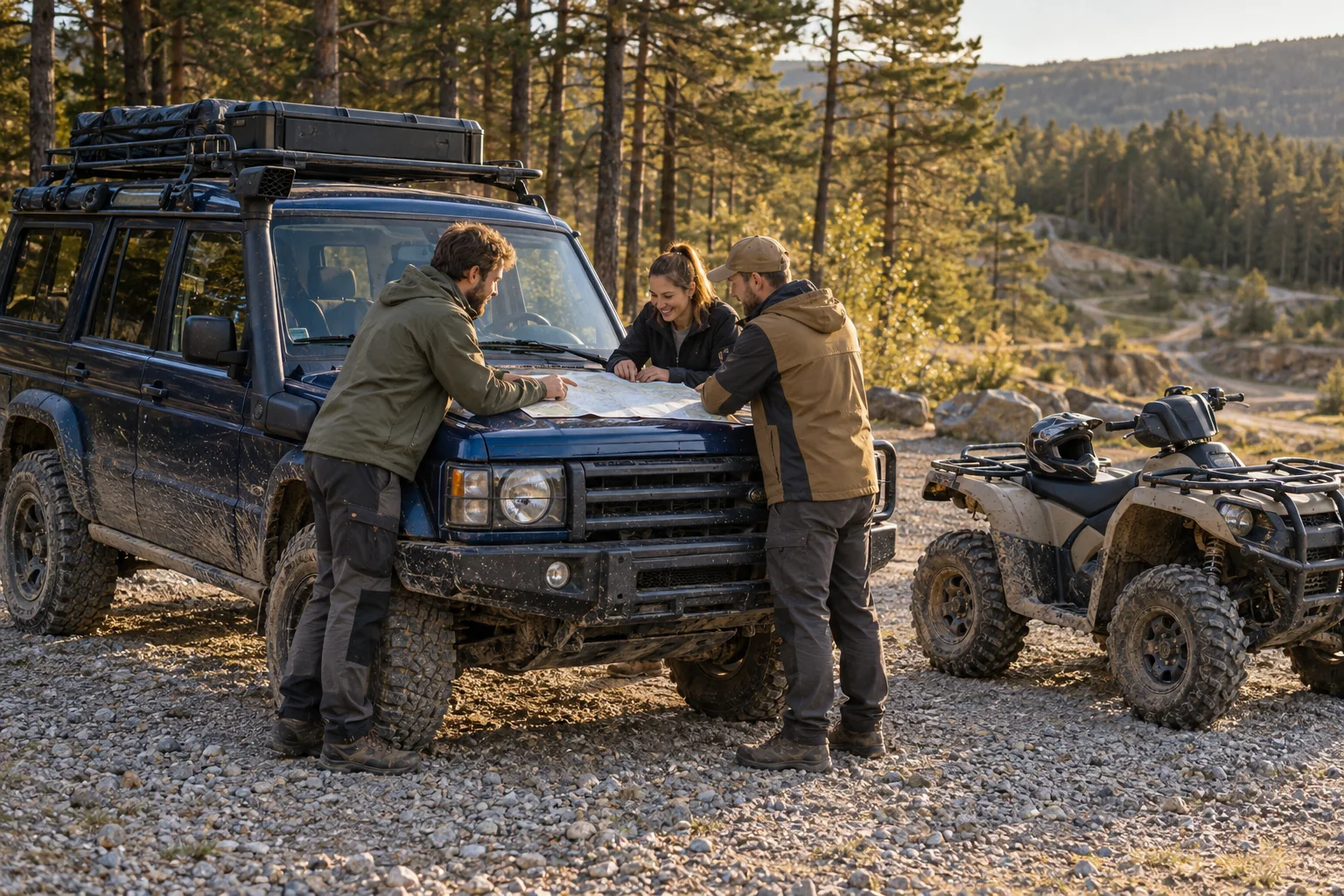Tre personer planerar en rutt bredvid en terrängbil med fyrhjulsdrift och en fyrhjuling — AI-genererad konceptillustration